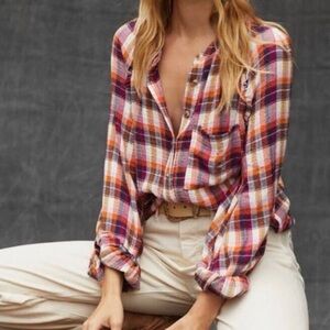 Pilcro Anthropologie Breezy Button Down Plaid Shirt in Raspberry - Size …